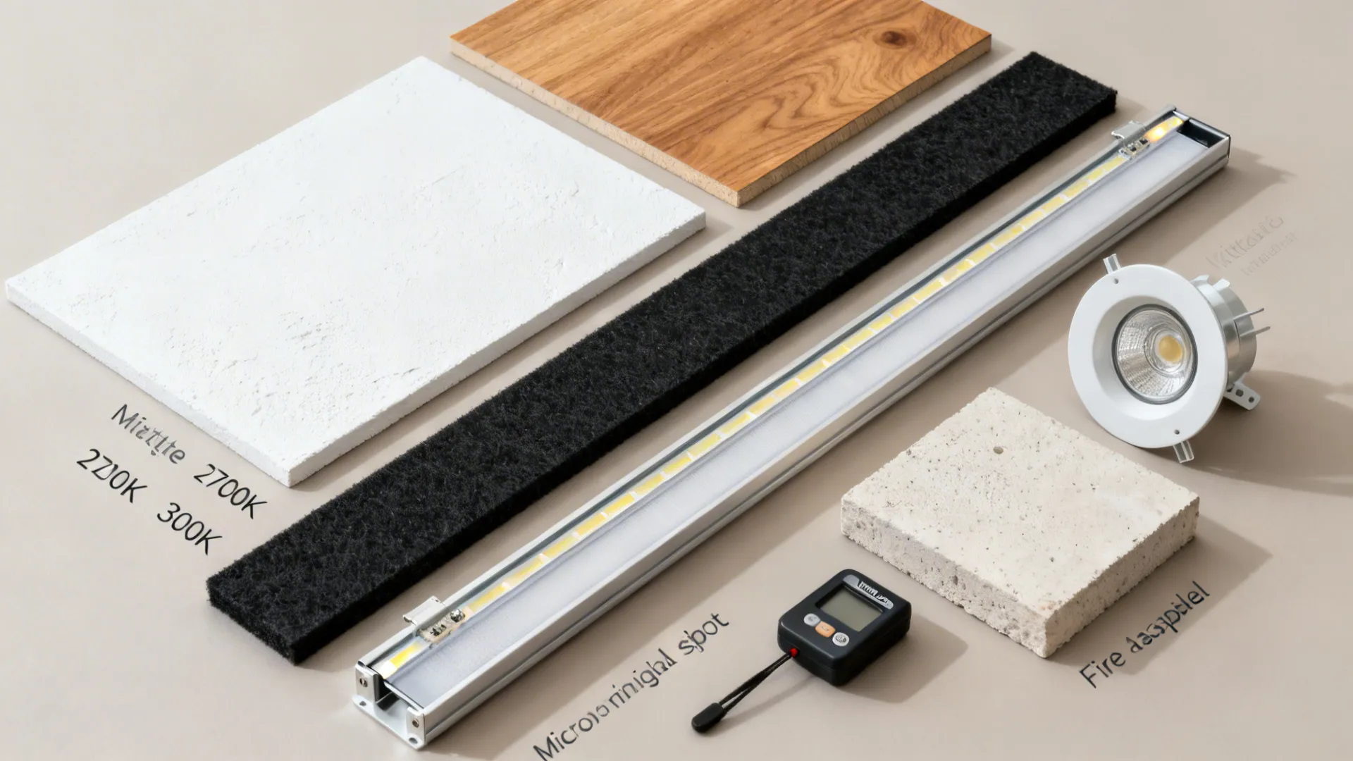 Flat lay of ceiling materials: plaster, oak veneer, black felt, aluminum channels, warm LED strips, micro spot trim, and gypsum sample.