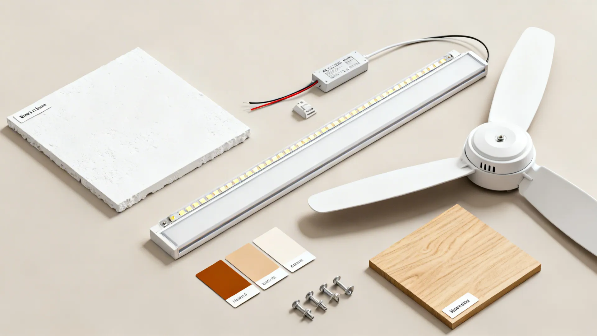 Flat lay of gypsum, LED strip with diffuser, matte white fan blade, paint chips, and oak veneer.