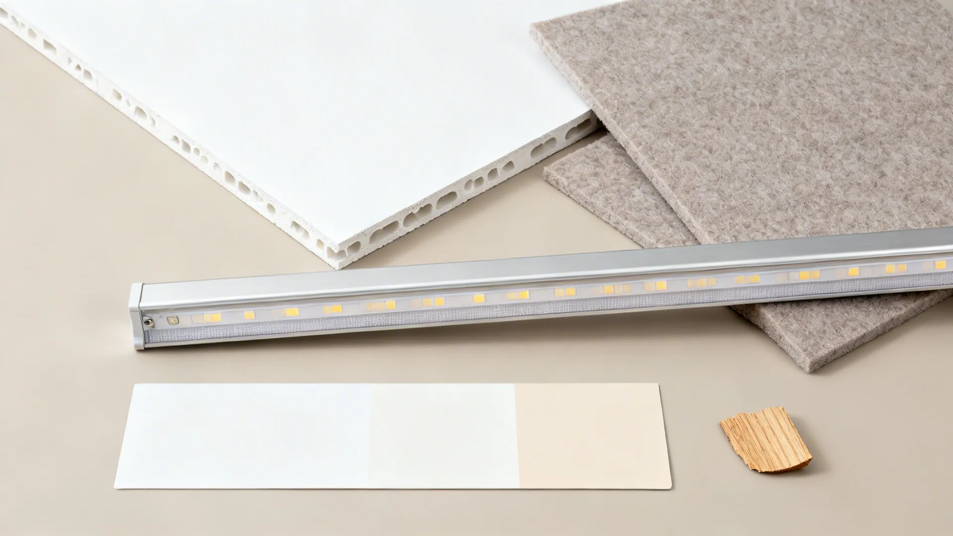 Interior design materials including a white board grey fabric an led light strip and samples
