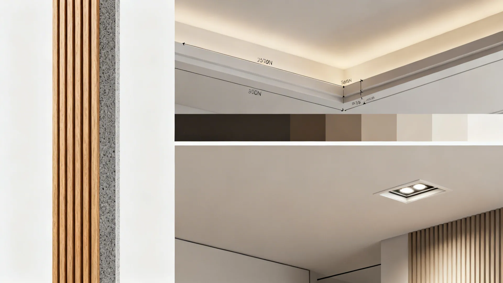 Collage showing wooden wall panels and ceiling light fixtures with measurements for home interior design