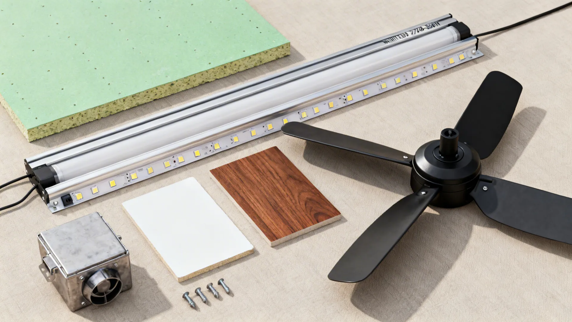 Various home renovation materials including light fixture black fan wood panels metal box and metal screws