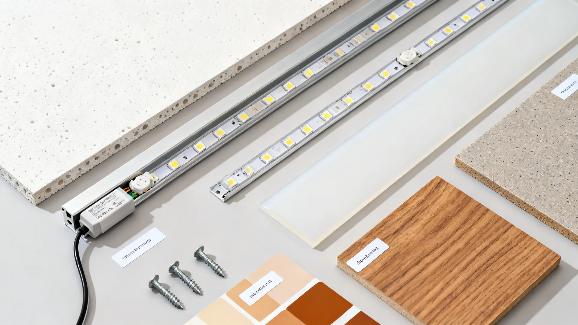 Interior design materials featuring led light strips wood samples screws and a colorful paint card
