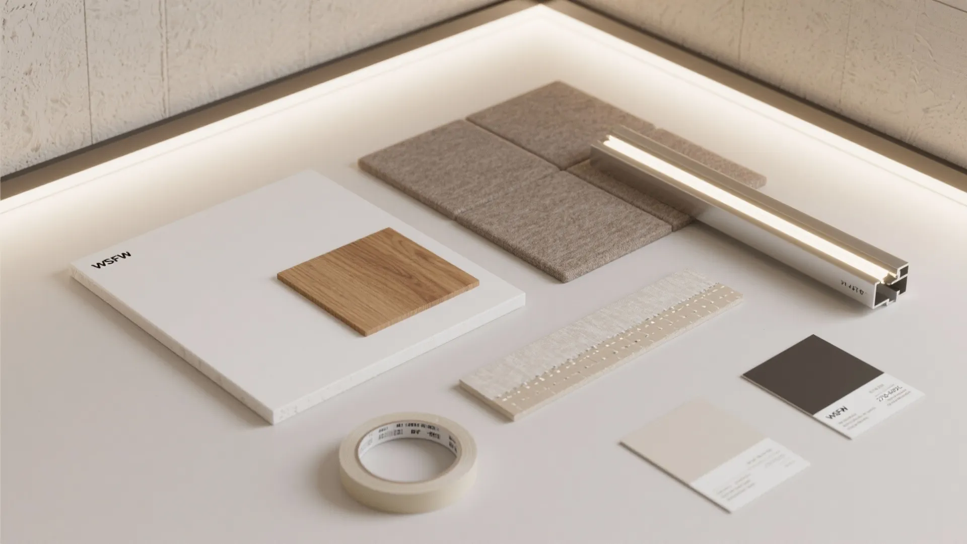 Interior design material board with wood samples, fabric pieces, light strips, and various paint colors
