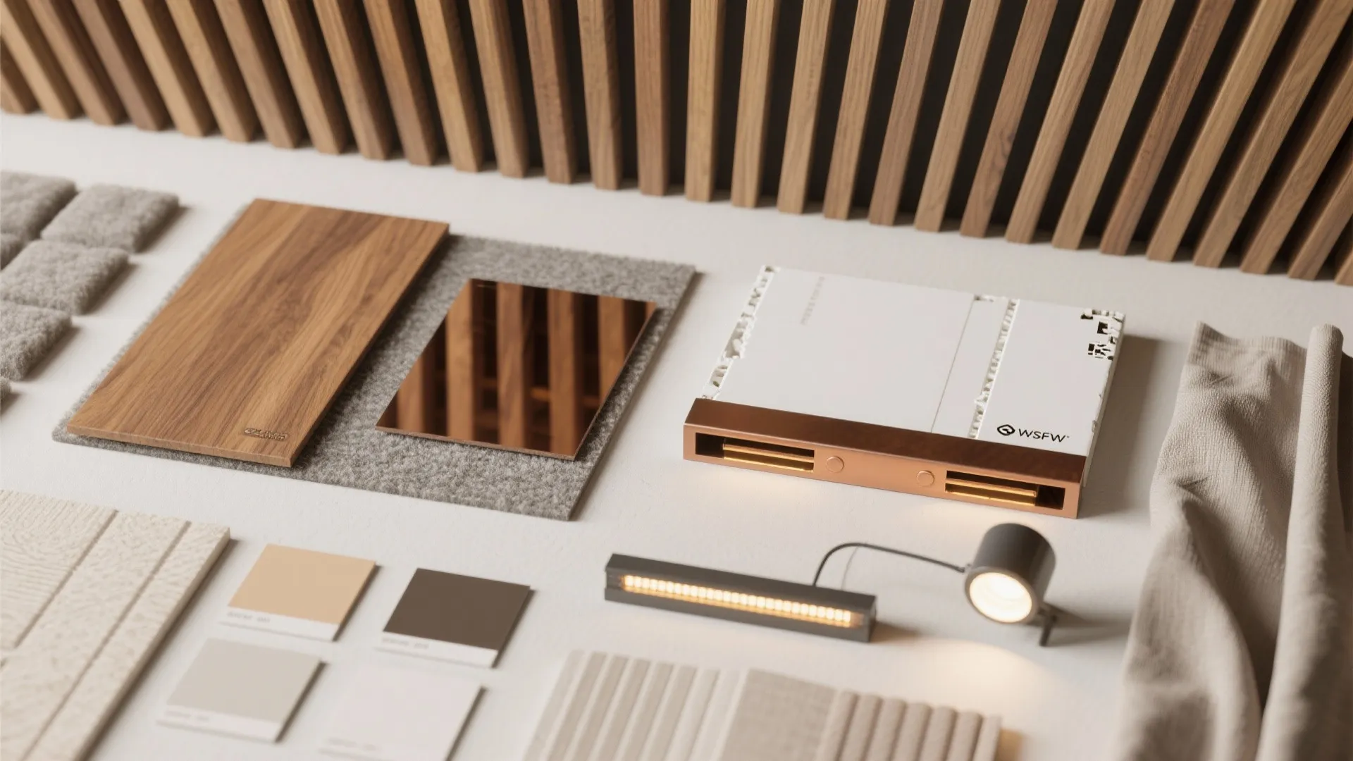 A collection of ceiling material samples including wood panels fabric swatches and modern light fixtures
