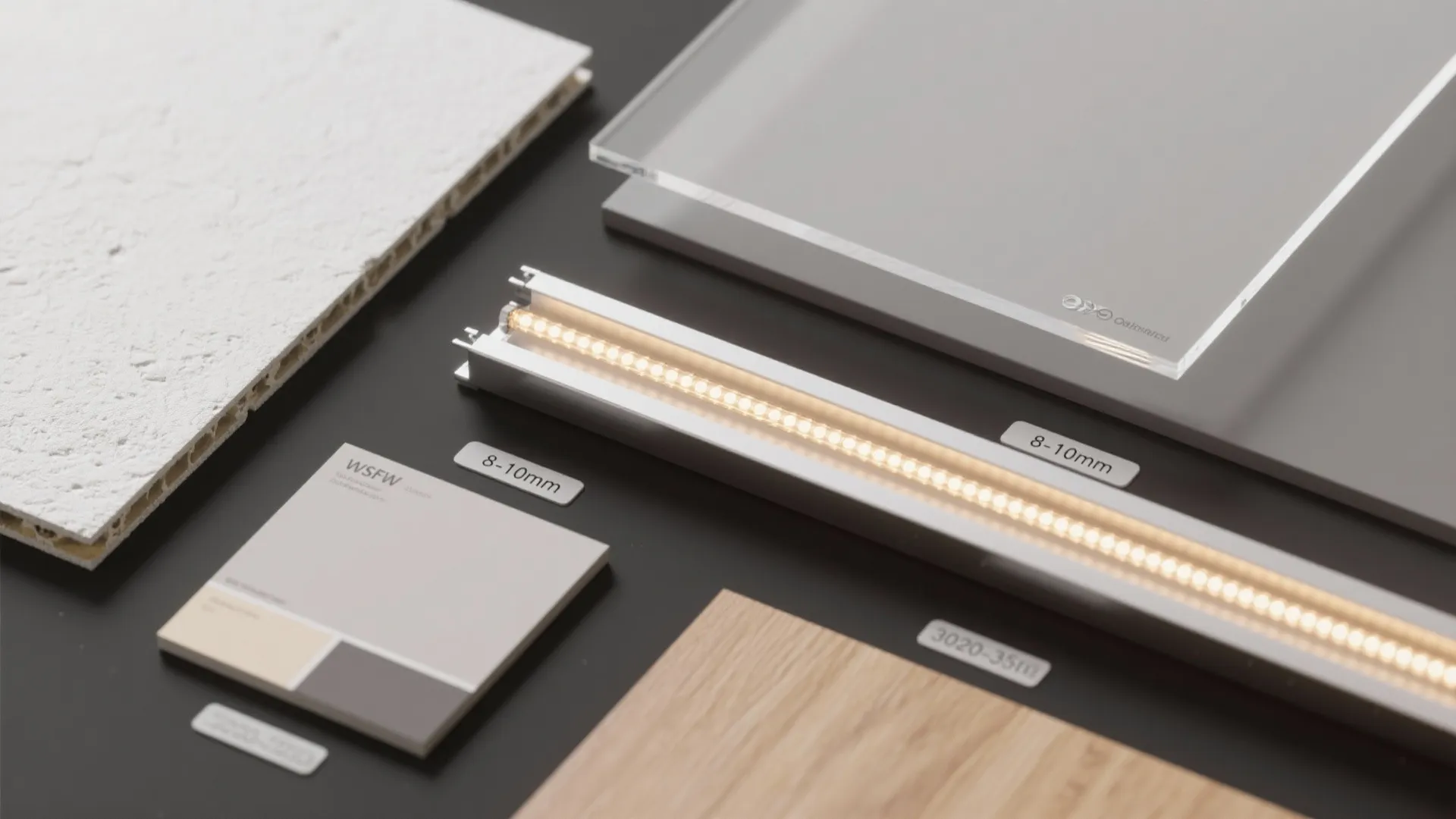 Flat lay showing various interior design materials including wood panel glass tile and light fixture strip