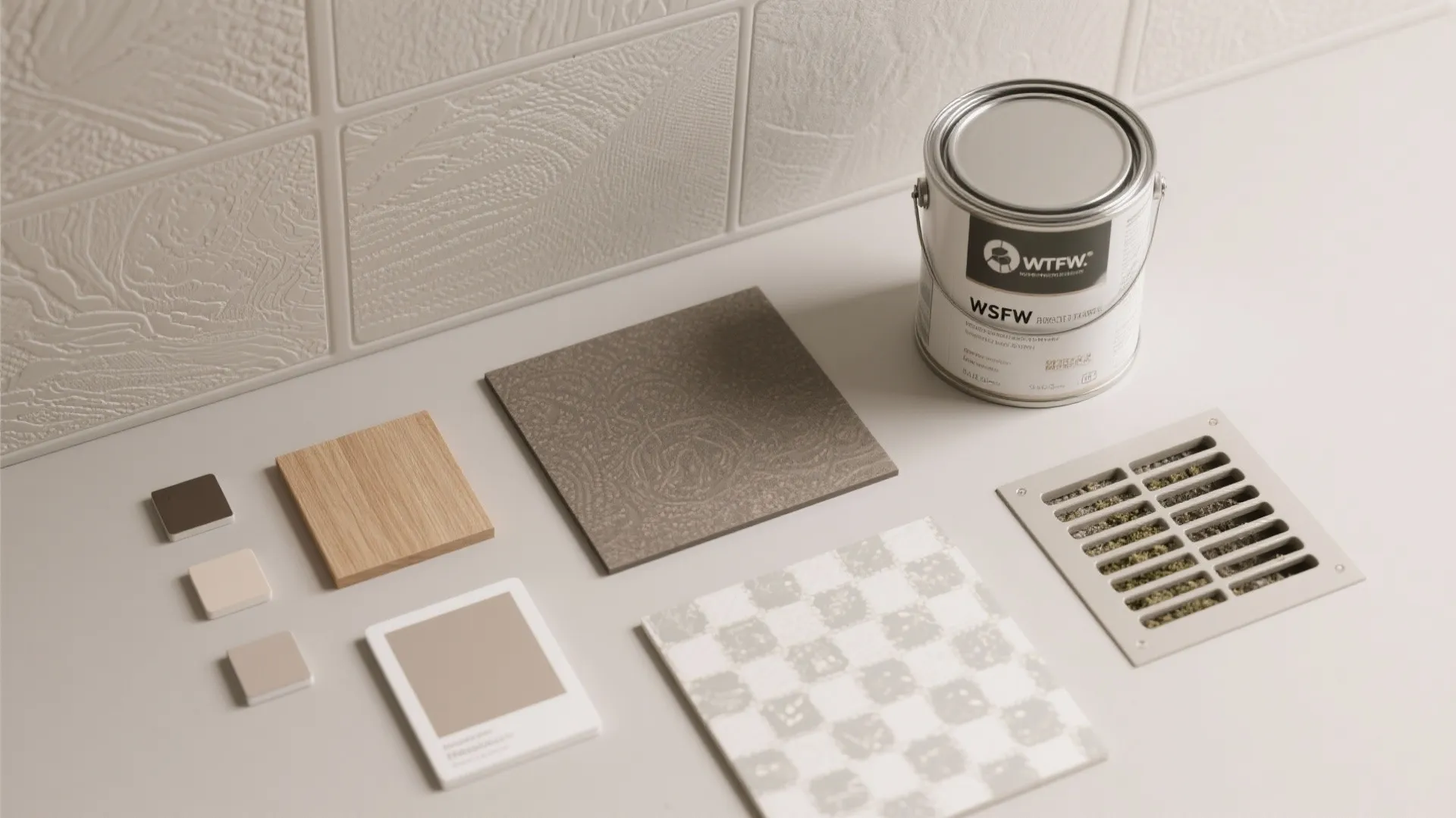 Flatlay of paint chips, wood panel swatch, and mildew-resistant paint for bathroom ceilings