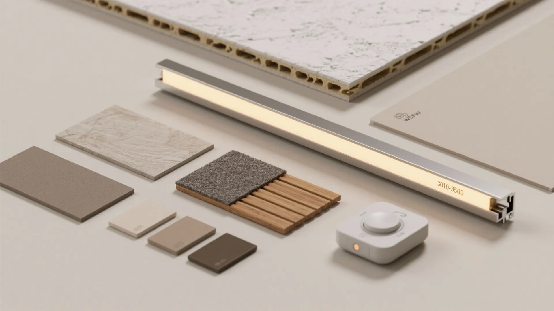 Flat lay of gypsum, LED channel and strip, wood slat with felt, and neutral paint chips.
