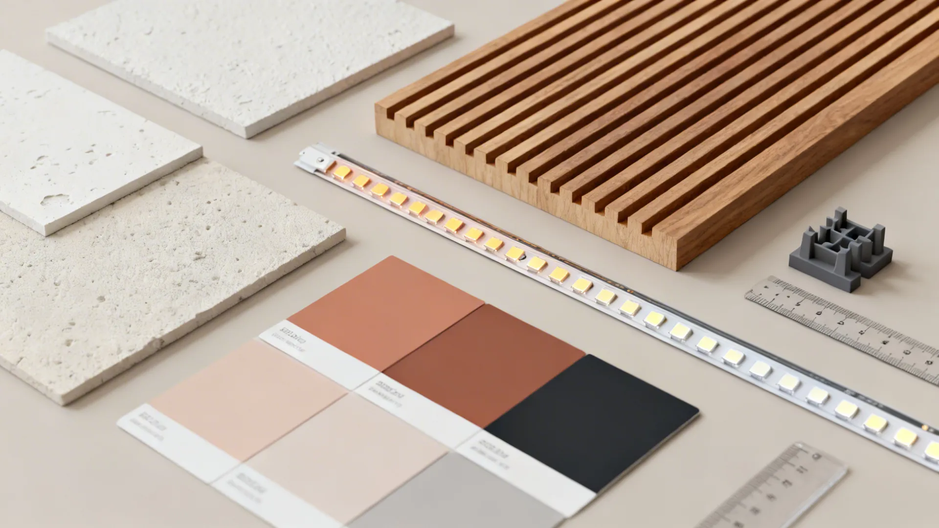 Flat lay display of home decor materials including wood slats stone tiles and color paint swatches
