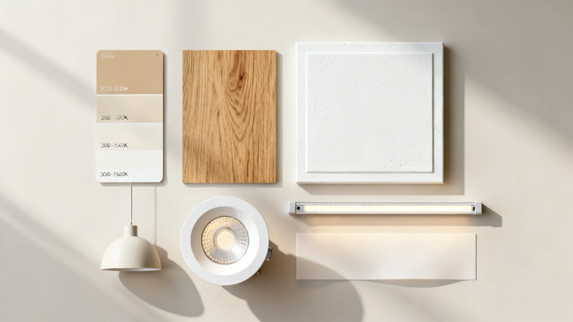 Flat lay of oak veneer, gypsum panel, LED fixtures, and neutral paint swatches.