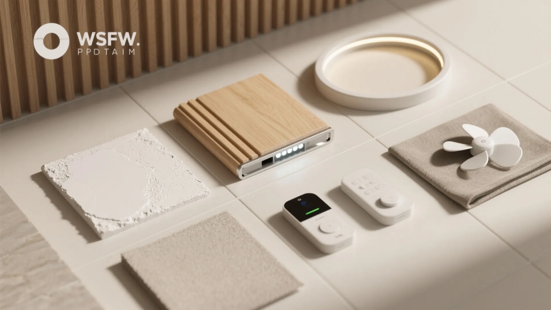 Interior design materials including wood panel samples and a white light fixture on tiled floor