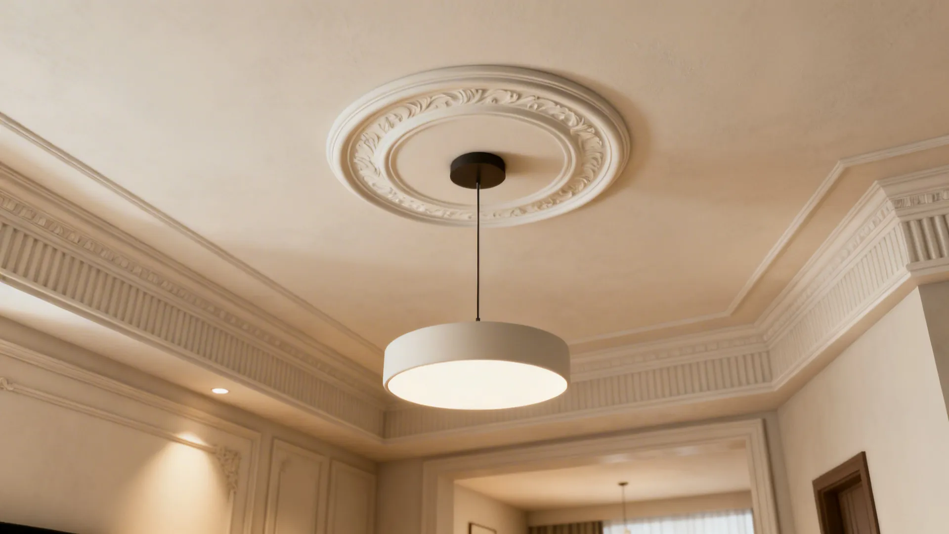 Slim POP ceiling medallion with a sleek pendant in a small living room.
