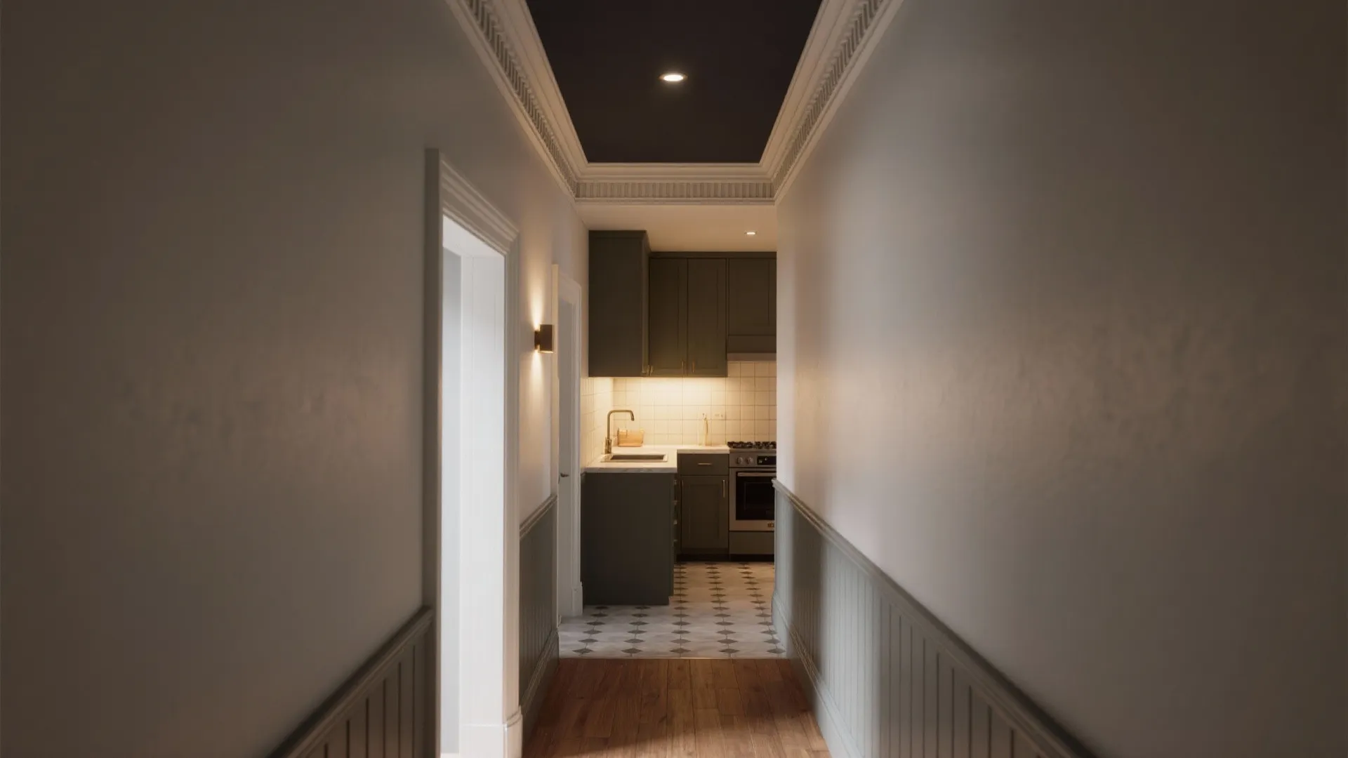 Narrow hallway with white wall panel leading to a dark kitchen under a black ceiling