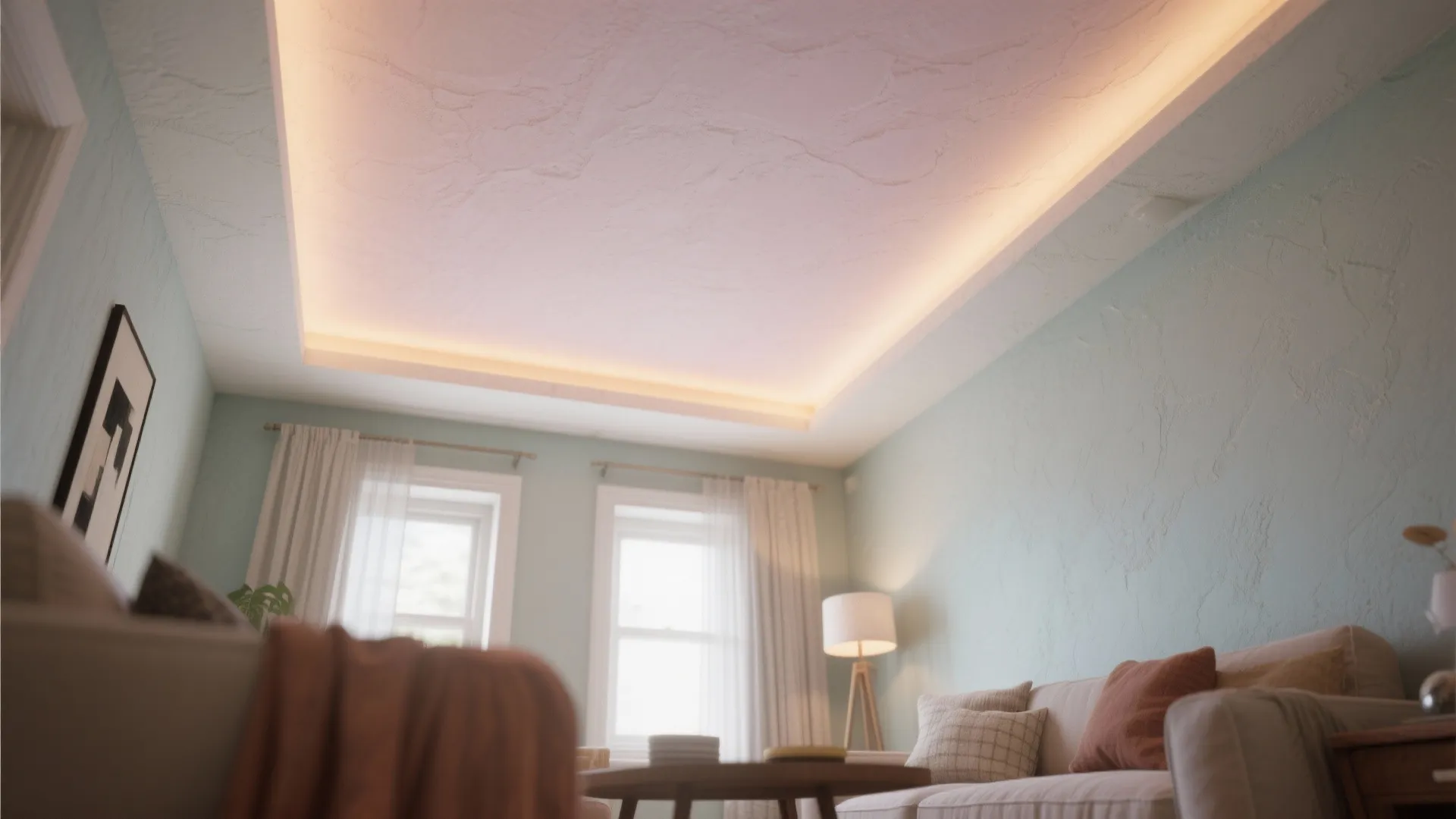 Cozy room with a soft pastel-painted ceiling in eggshell sheen, warm ambient lighting and textured plaster.