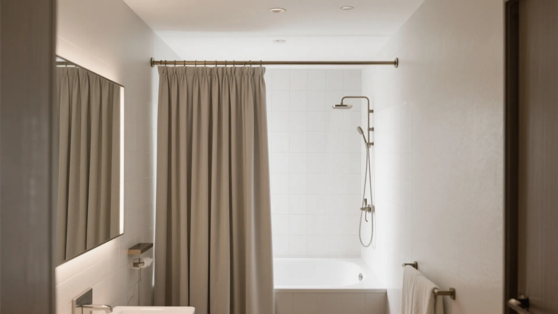 Ceiling-mounted track with floor-skimming shower curtain creating hotel-style height in a small bath.
