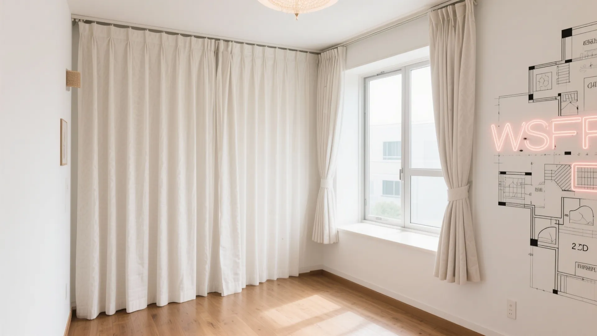 窓まわりは“高さを稼ぐ”：天井付けカーテンで縦を強調