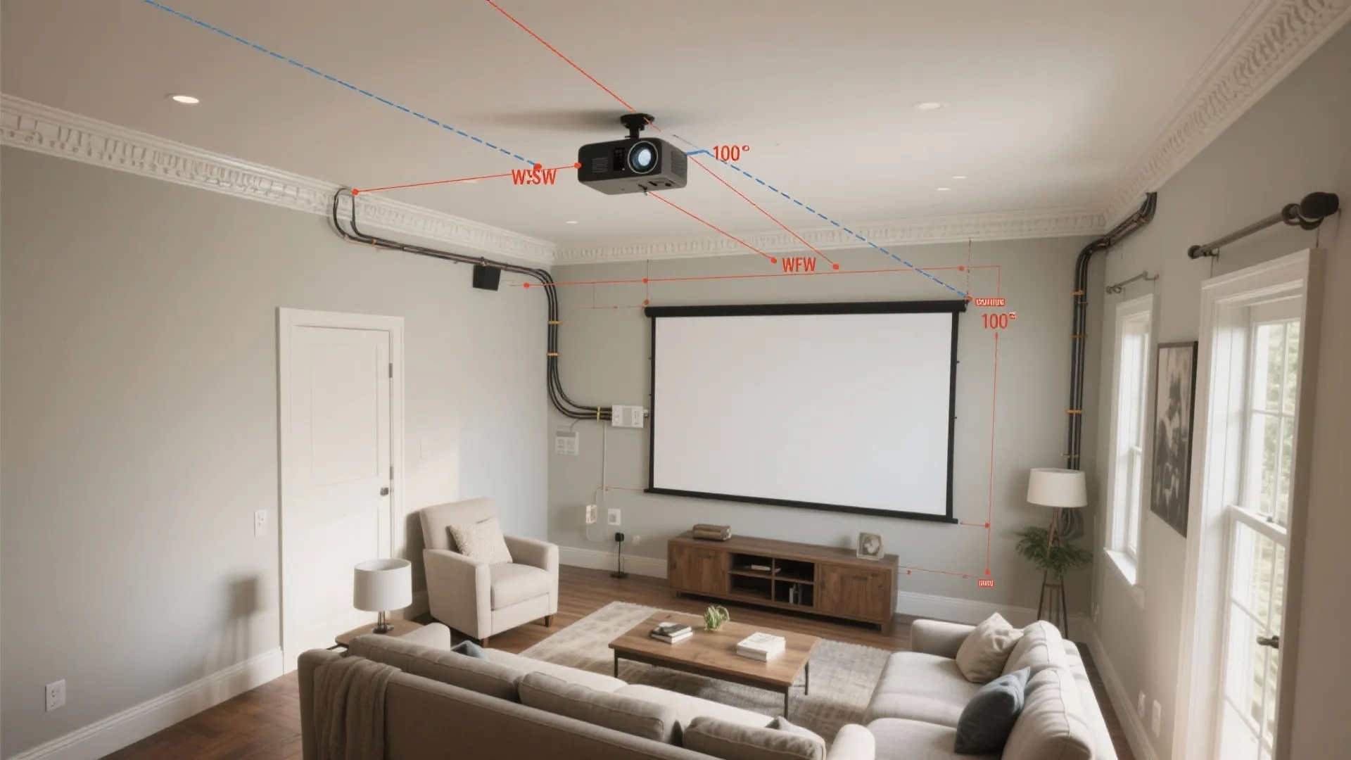 Home theater room with ceiling projector screen and sofa plus diagram showing the room layout