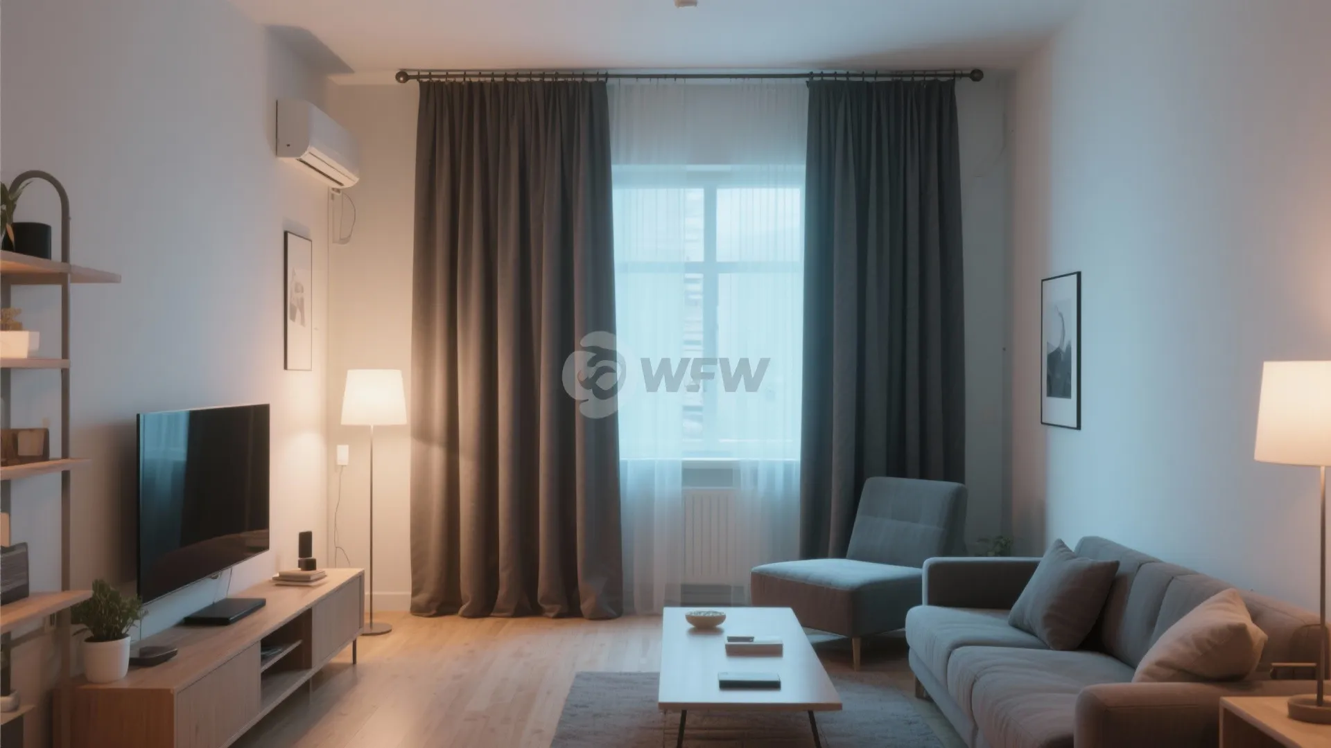 Living room with ceiling-mounted curtain rods and tall drapes
