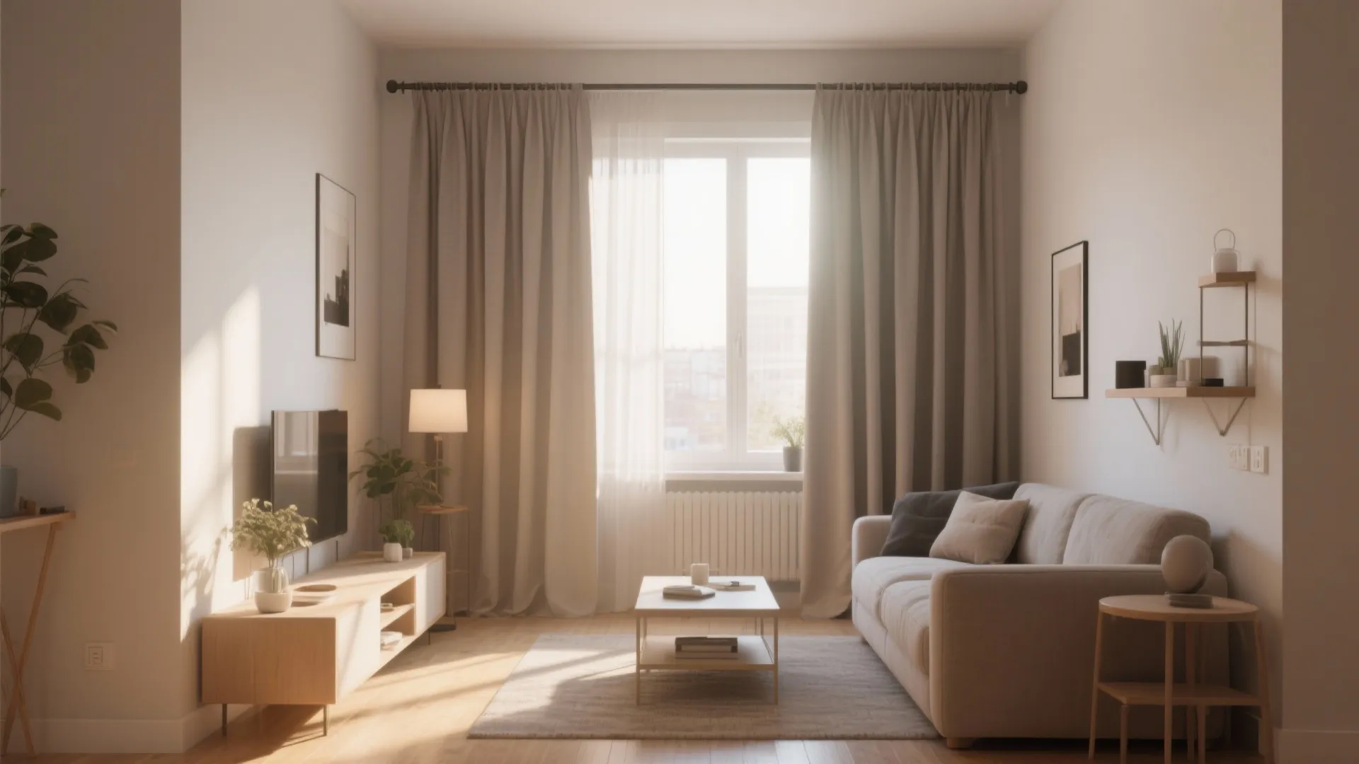 Modern living room with beige curtains on rod, sofa, coffee table, cabinet, and natural sunlight