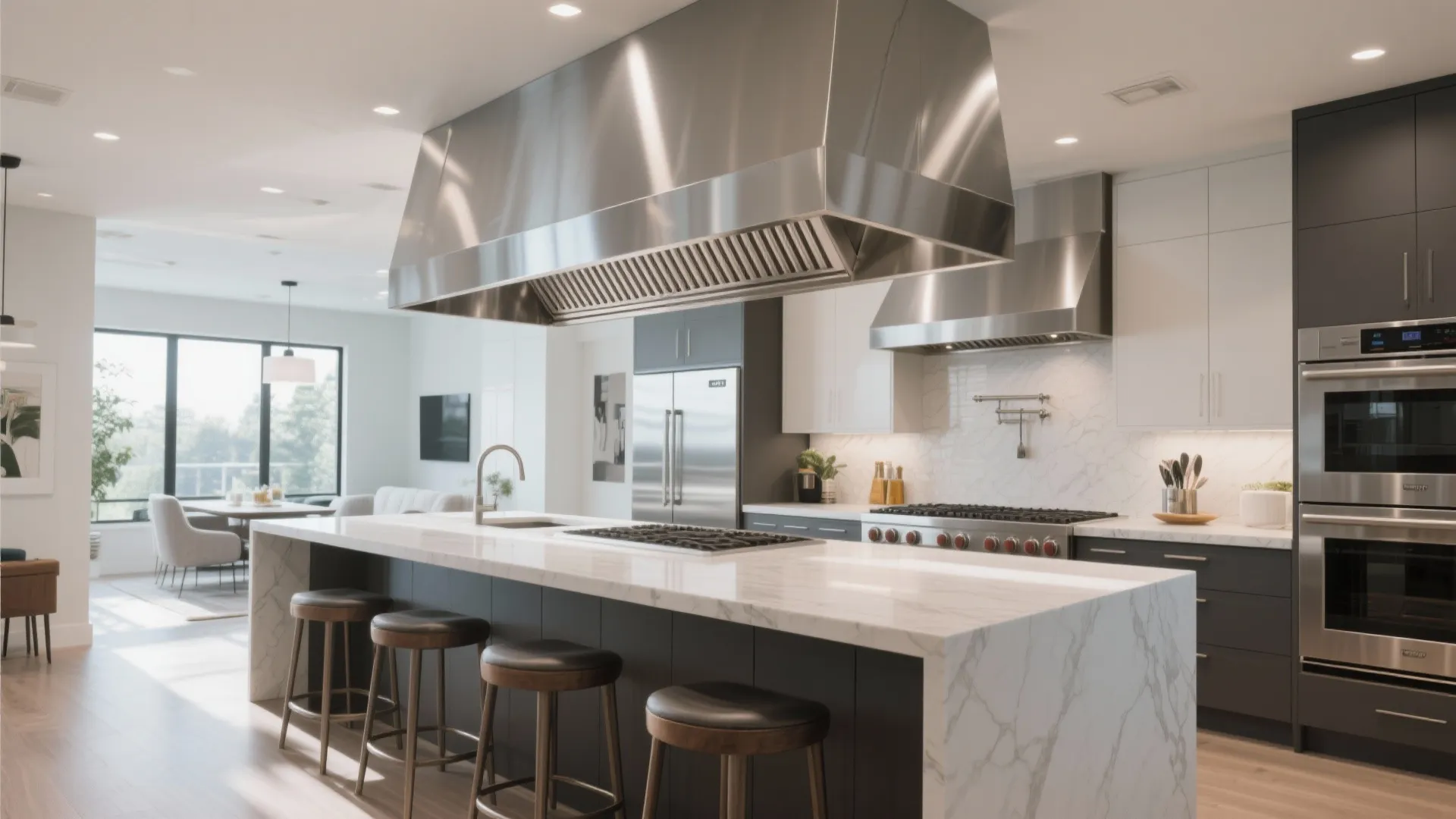 Large kitchen island with white marble top four dark stools and big metal vent hood