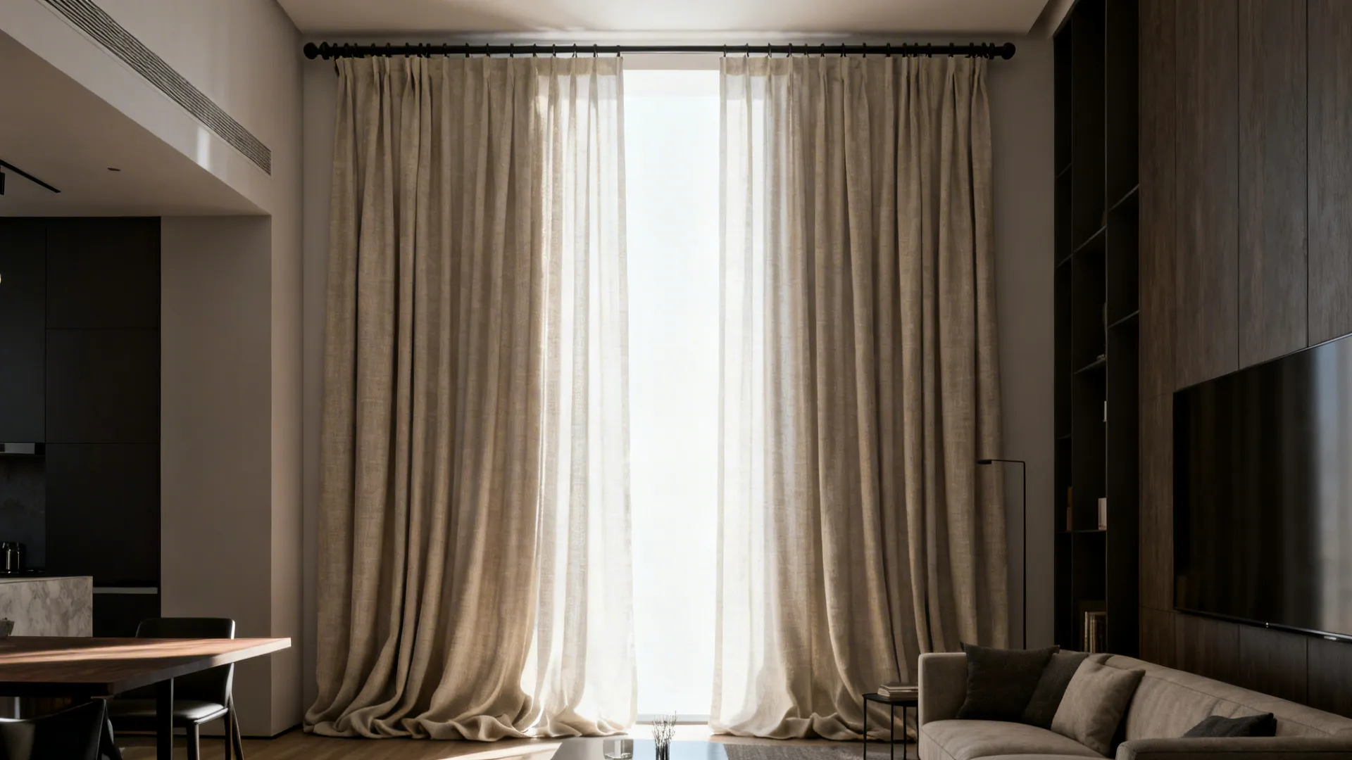 Narrow living room with ceiling-mounted curtain rod and floor-length linen curtains that boost perceived height.