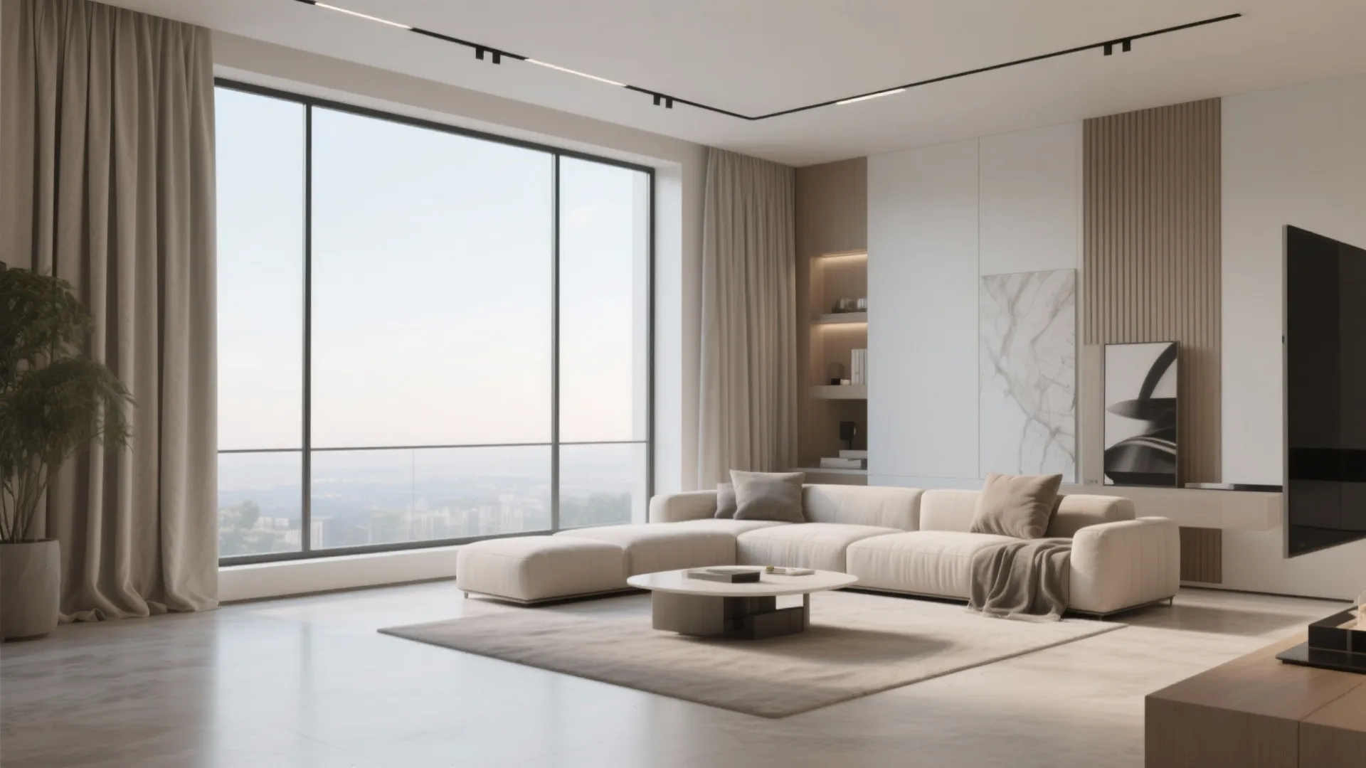 Modern living room with beige sofa round coffee table large windows long curtains and natural light