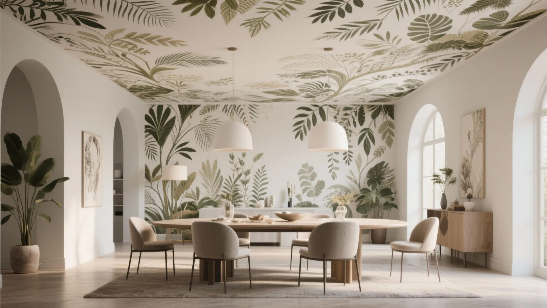 Bright dining area with green leaf pattern on ceiling and wall wooden table and white lights