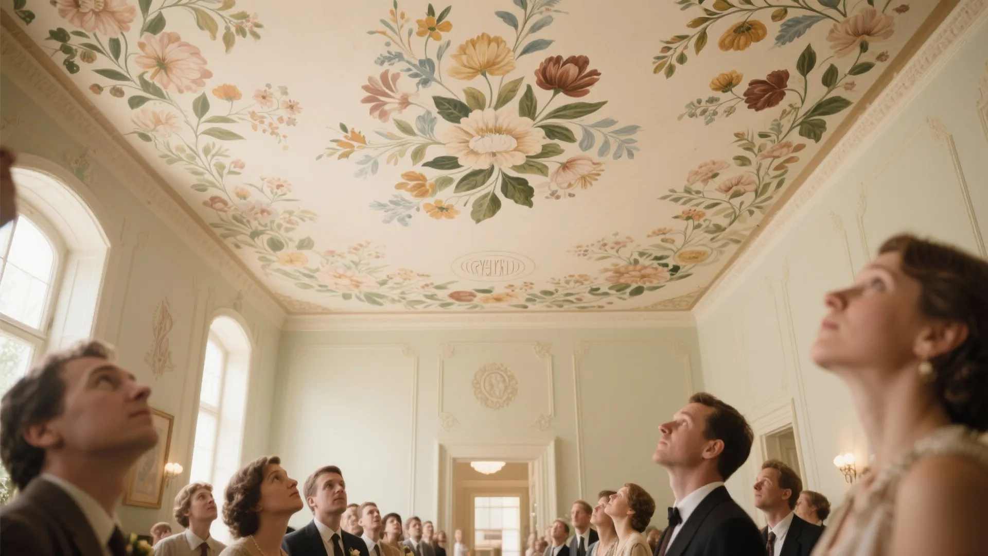 People looking up at a large floral painting on the ceiling of classic white room