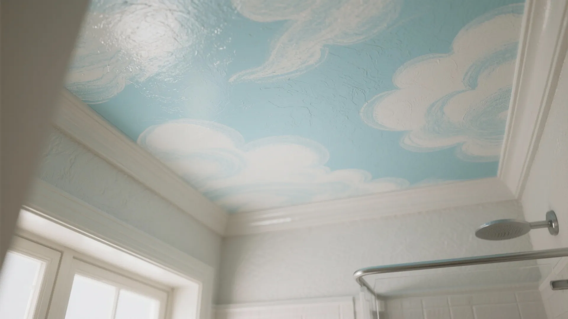 Bathroom ceiling featuring a blue sky and white cloud mural design with chrome shower head