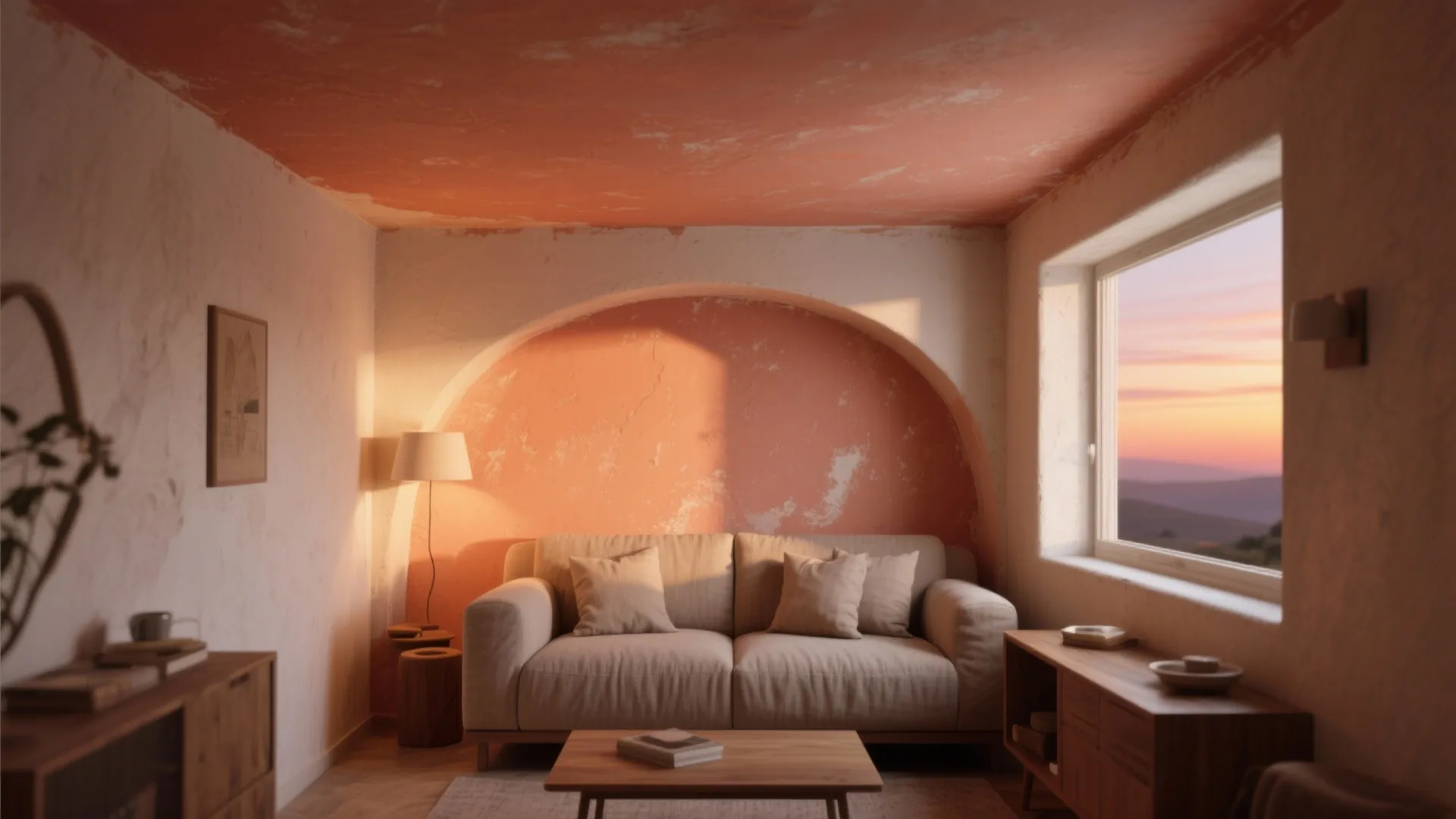 Cozy living room with a soft terracotta painted ceiling and a painted sofa nook under warm light