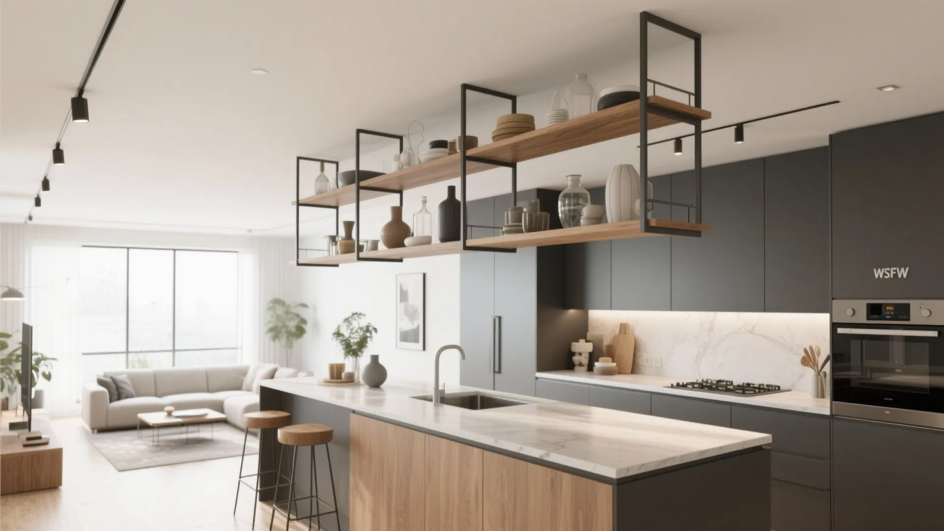 5. Ceiling-Mounted Open Shelving