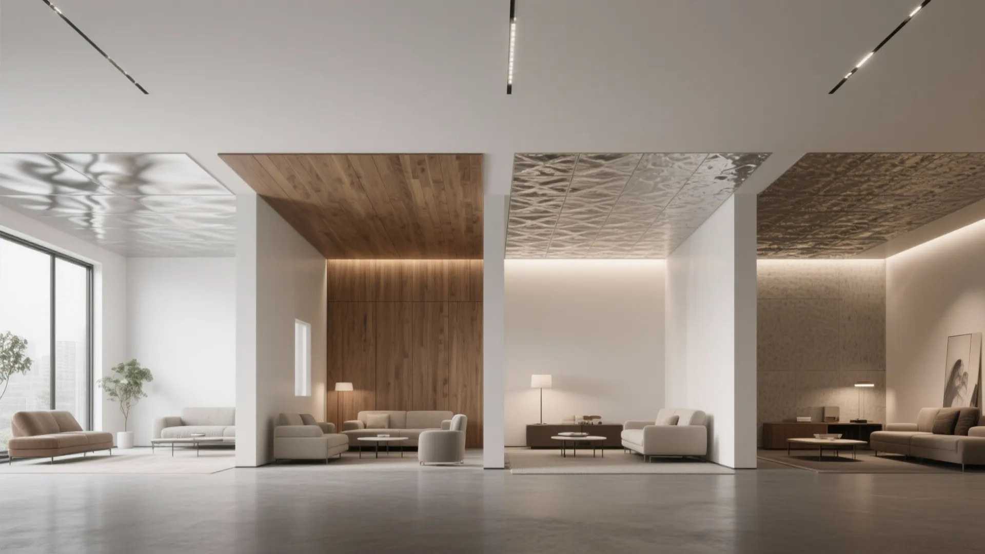 Interior design drawing showing four living room layouts with different ceiling materials wall panels furniture