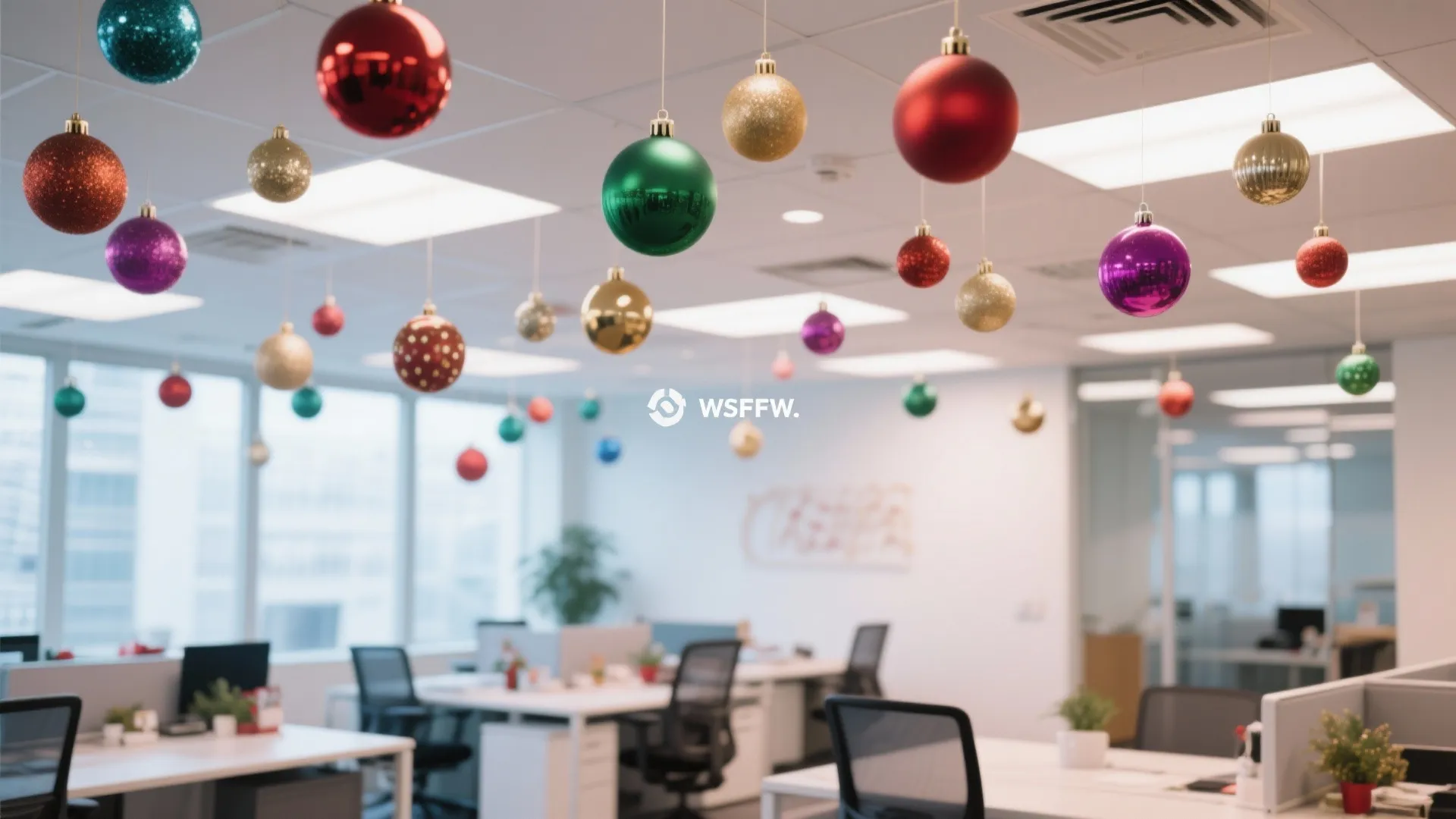 Modern office space with colorful holiday ball ornaments hanging from the white ceiling tile grid