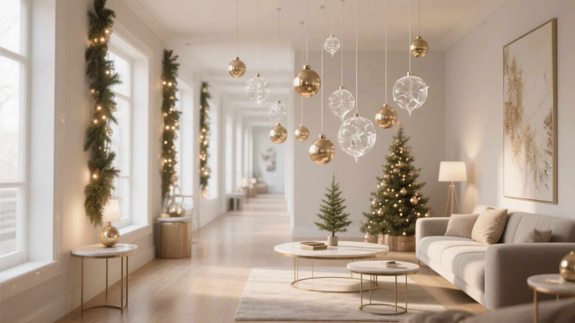 Bright living room decorated for Christmas with hanging gold ornaments and festive greenery along windows