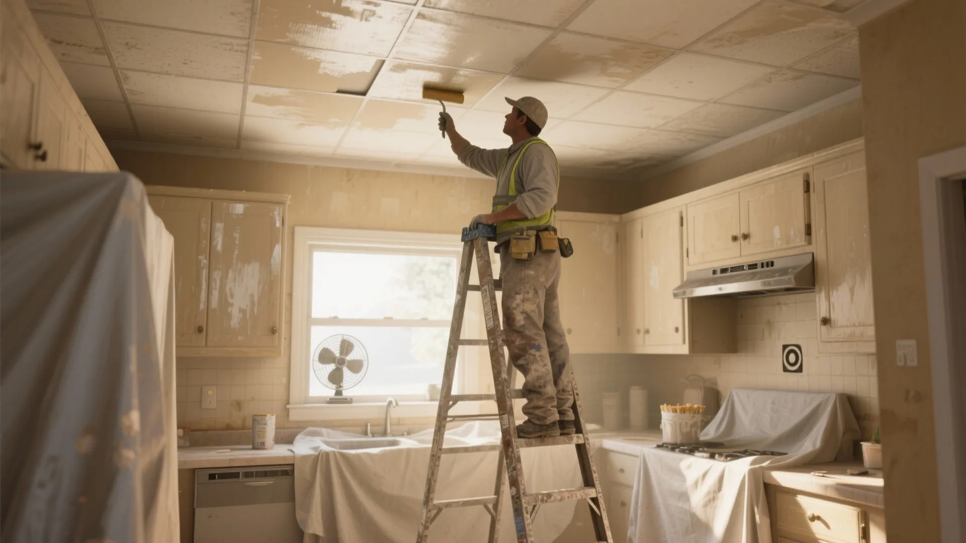 Man standing on a ladder painting a kitchen ceiling using a roller with protective sheets