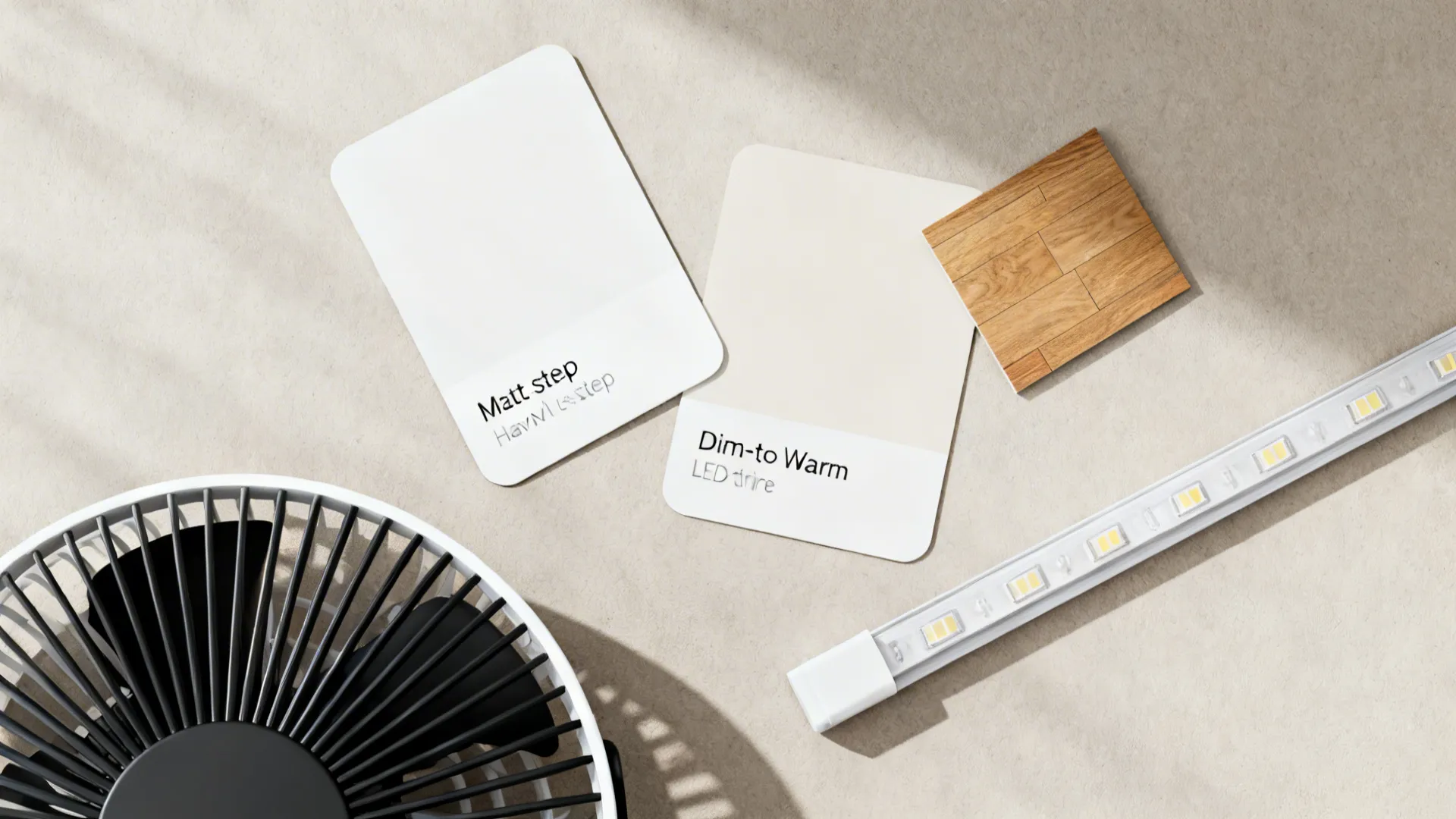 Flat lay of ceiling paint chips, LED strip, oak floor swatch, and slim fan finish sample.