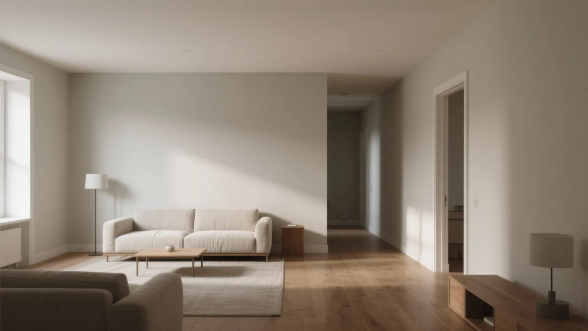 Minimalist living room with beige sofa wooden floor coffee table rug and a white lamp