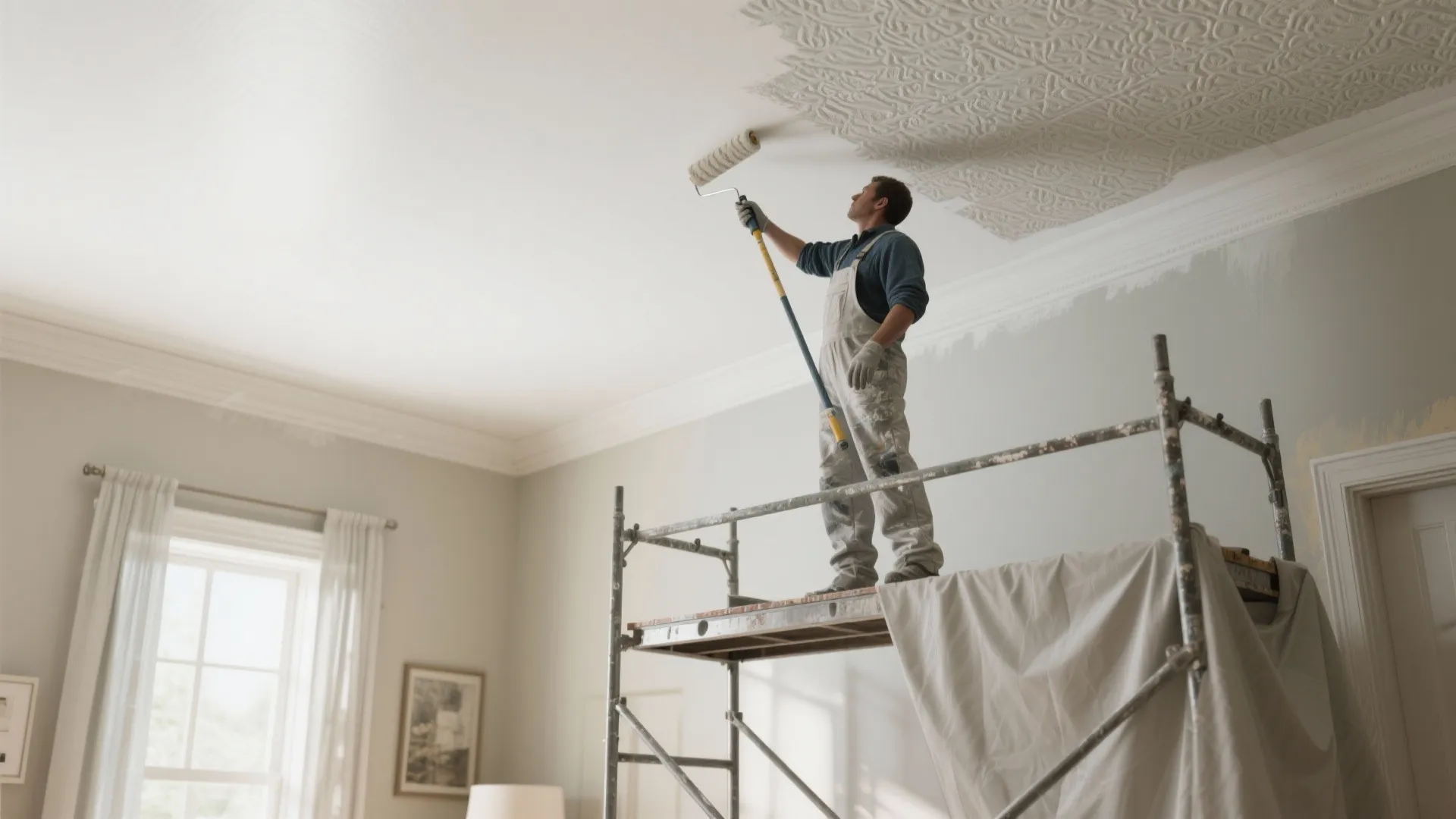 Painter on scaffold painting a ceiling with rollers and safety gear