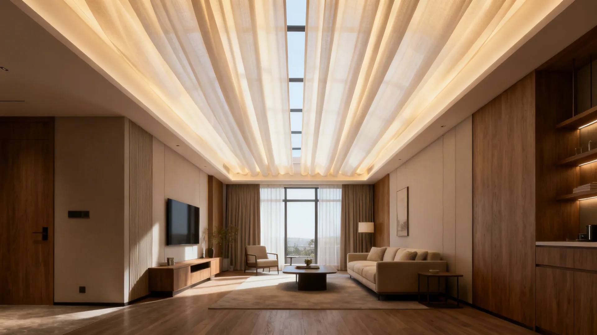 Narrow living room with ceiling-mounted full-height curtain panels creating visual height
