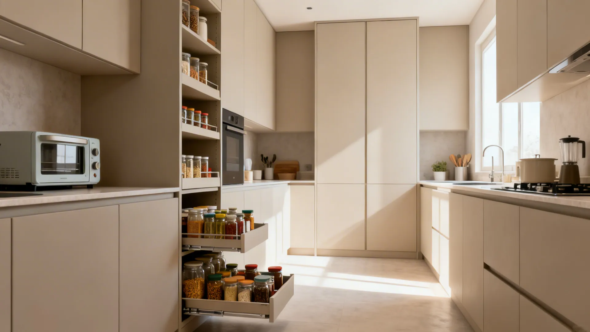 Compact kitchen with a ceiling-height pantry wall featuring shallow pull-outs for organized storage.