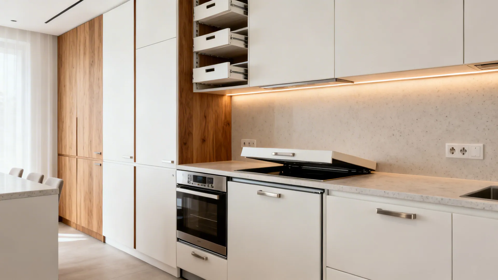 Ceiling-height pantry walls with appliance garages