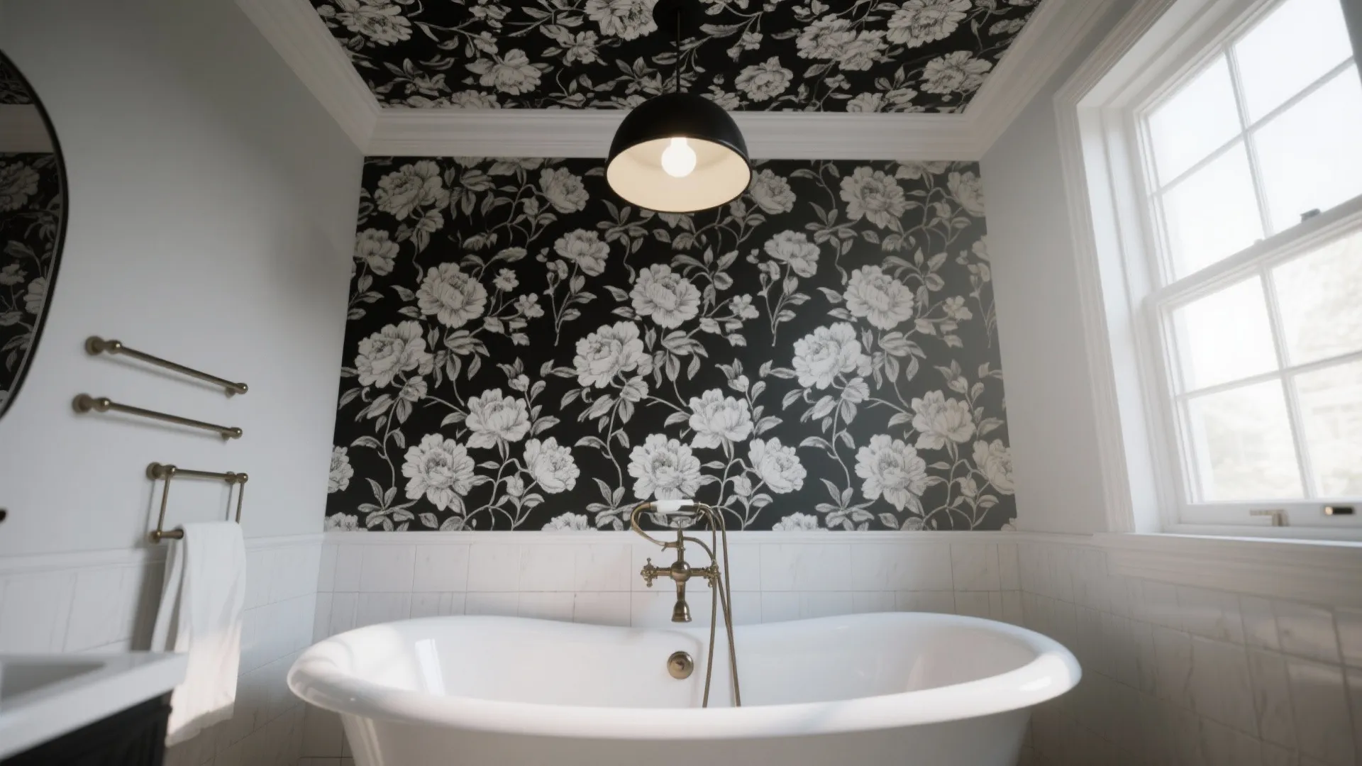 Modern bathroom with white bathtub black floral pattern ceiling and wall plus black ceiling light