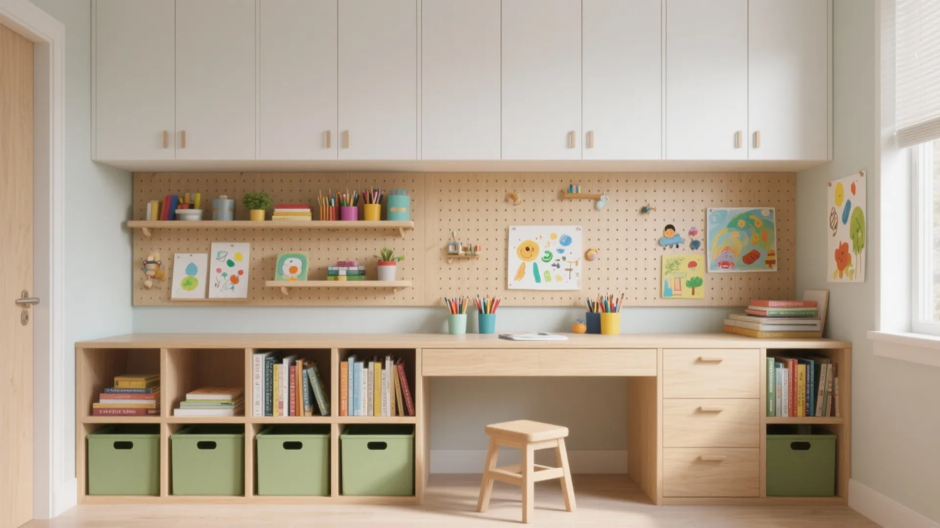 Ceiling-high storage and pegboard walls