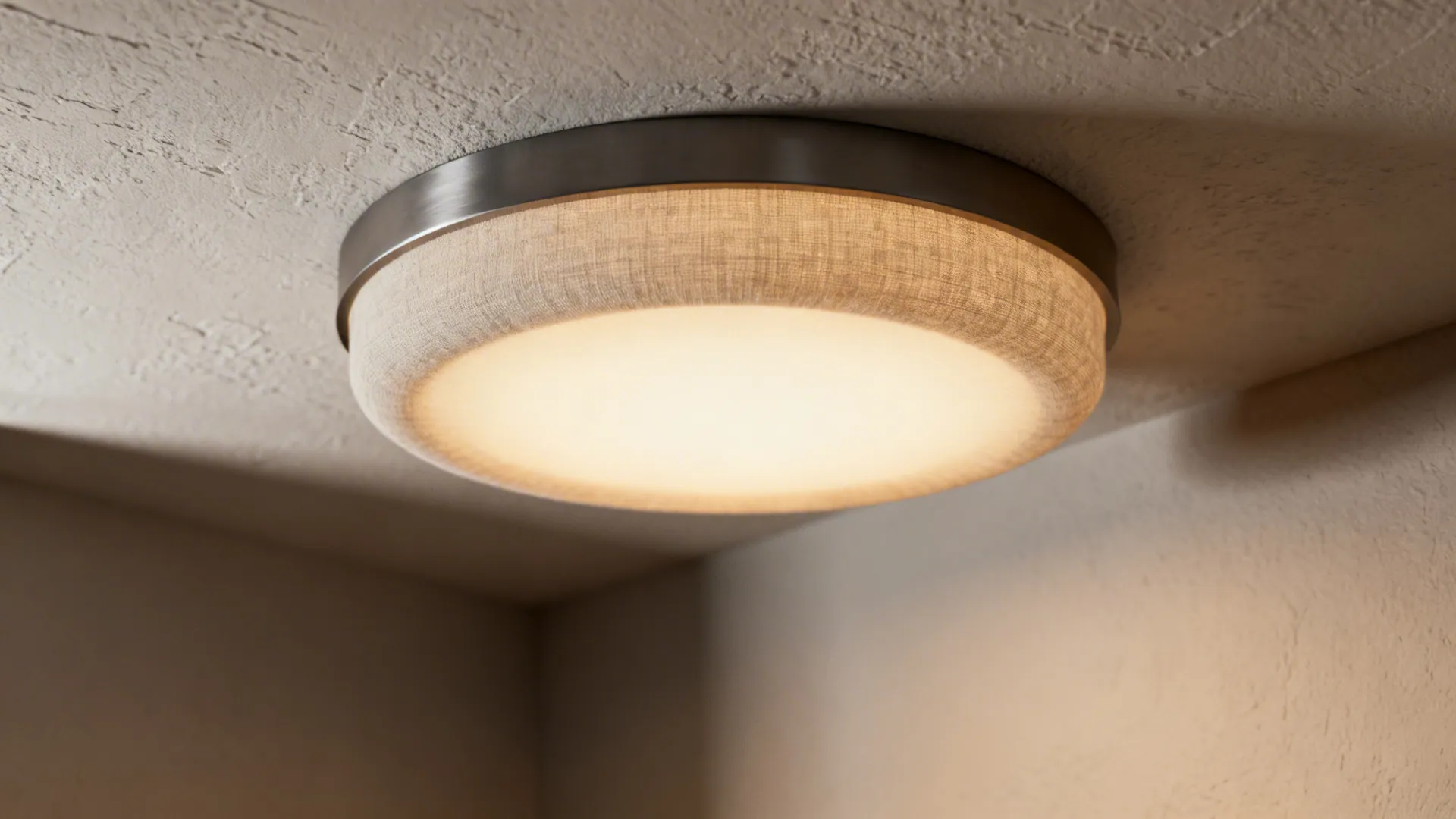 Low-profile ceiling pendant casting warm, dimmable ambient light in a small living room.
