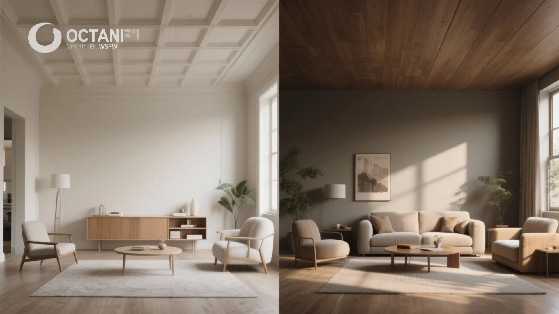 Side-by-side comparison of white grid ceiling versus dark wood ceiling in modern living room design
