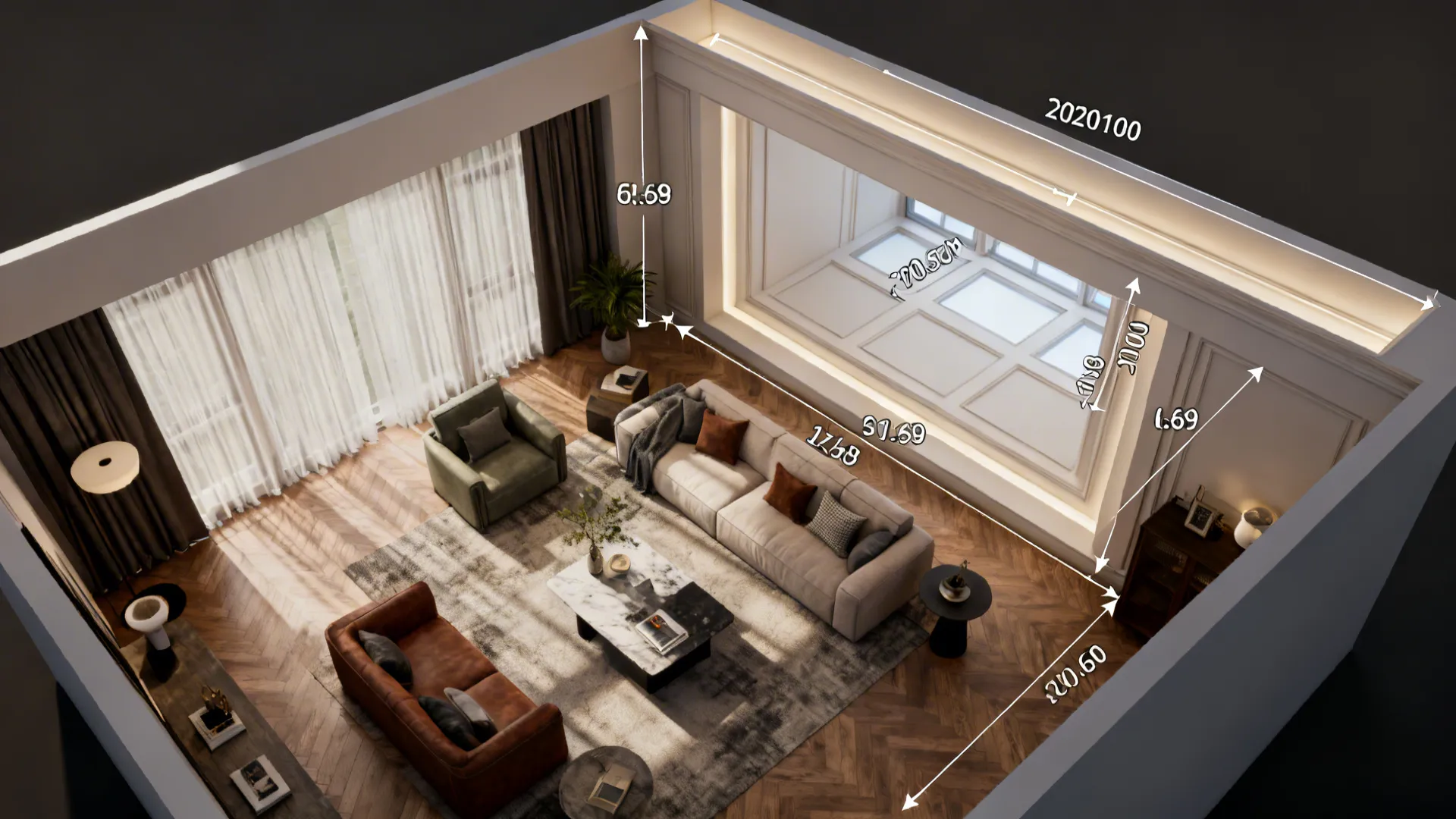 Top-down 3D floor planner visualization comparing false ceiling recess depths and options.