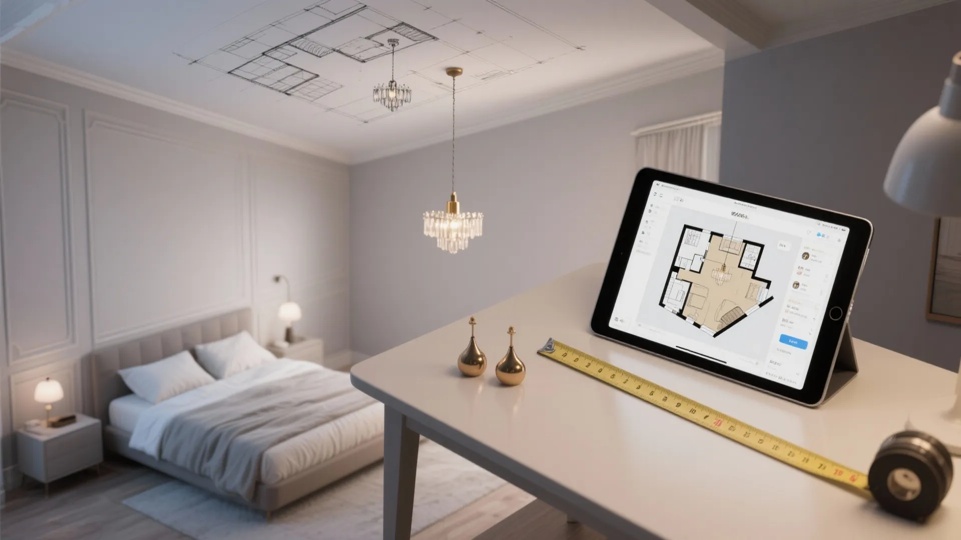 Top-down ceiling plan sketch and tablet with 3D planner for chandelier placement.