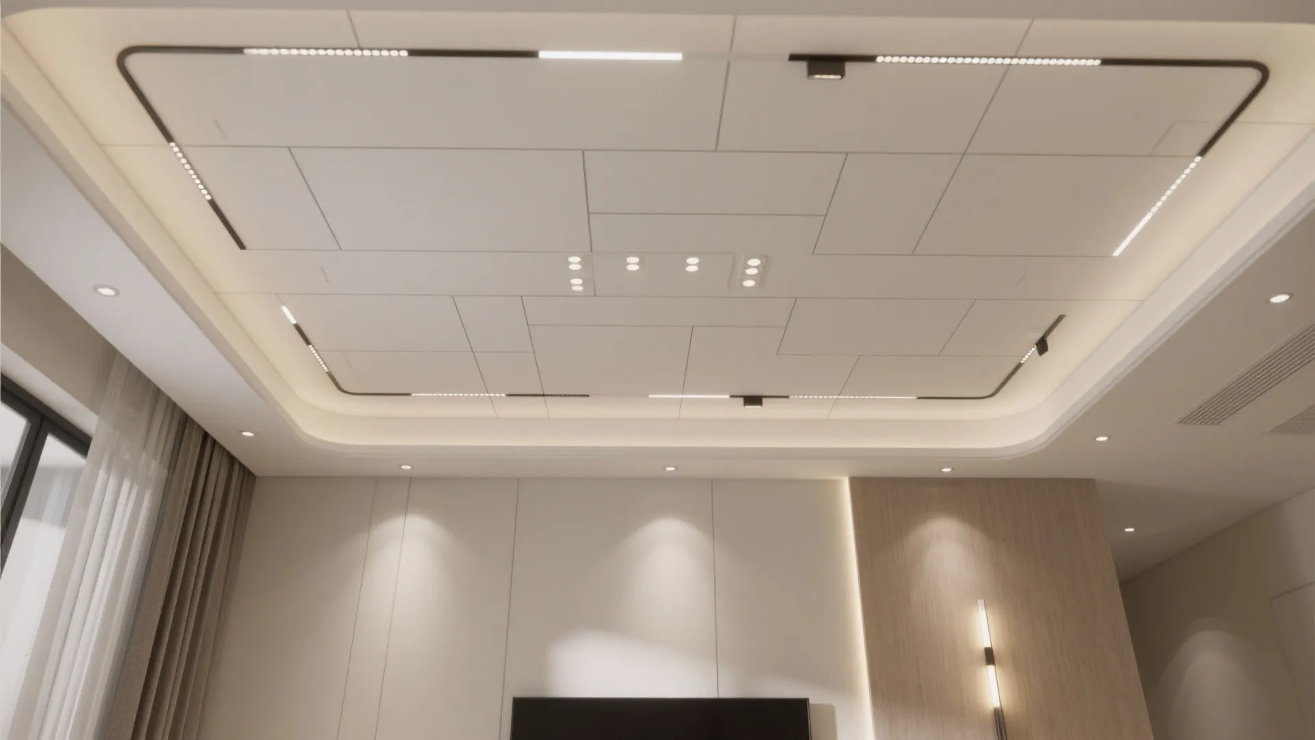 Top-down view of ceiling layout showing cove and recessed lighting zones.