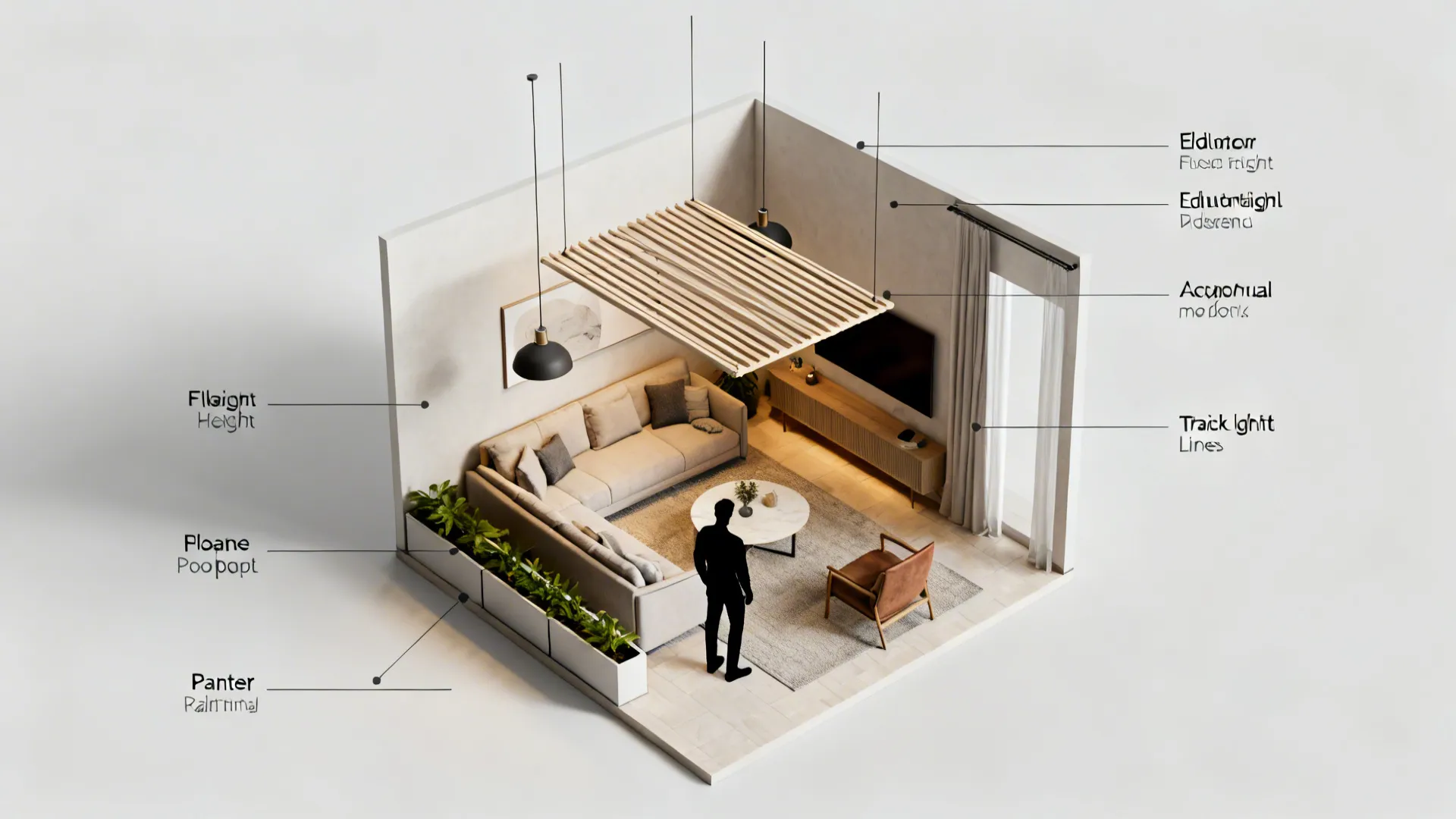 3D top-down floor-planner schematic showing ceiling element options and scale in a small living room.