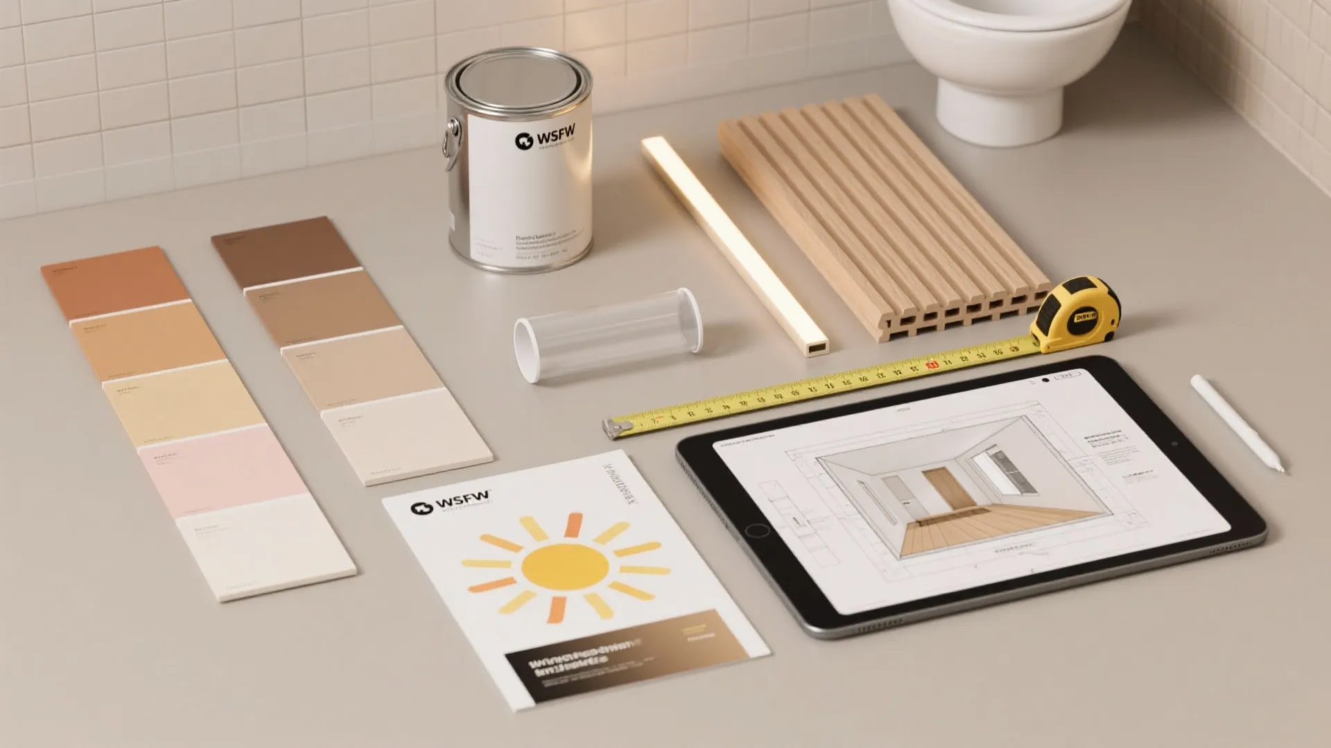 Flat lay of interior design tools including paint can color swatches wood panel and tablet