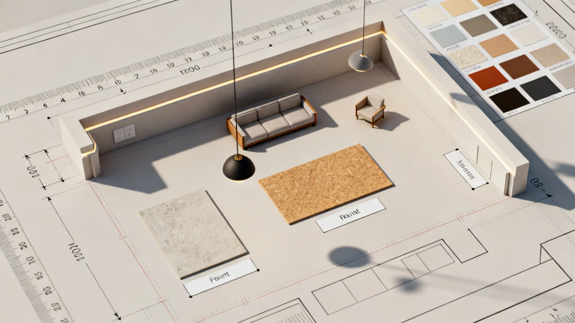 Interior design drawing showing top down room layout with sofa armchair and hanging light fixtures
